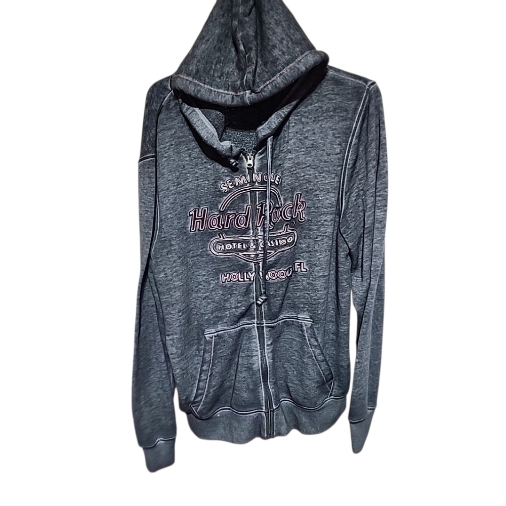 Hard Rock Hollywood, Fl  Hoodie Sweatshirt Mens Large  Gray Full Zip Distressed - Picture 2 of 5